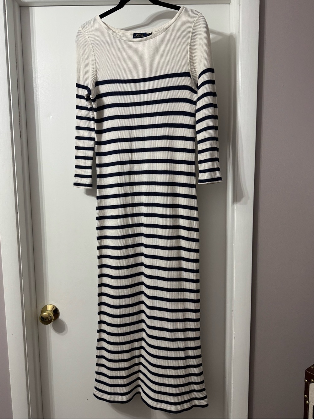 Poli Ralph Lauren White & Navy Striped Thermal Maxi Dress